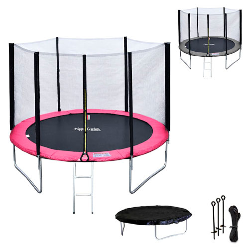 Happy Garden Pack Premium Cama elástica 305cm Reversible Rosa/Color Gris ADELAÏDE + Red de Seguridad, Escalera, Lona y Kit de Anclaje trampolin salta